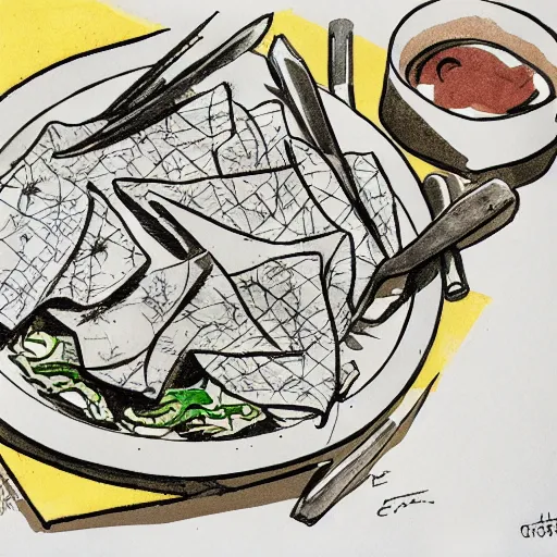 Prompt: chilaquiles, sketch by ernst haekl, ink by frank miller