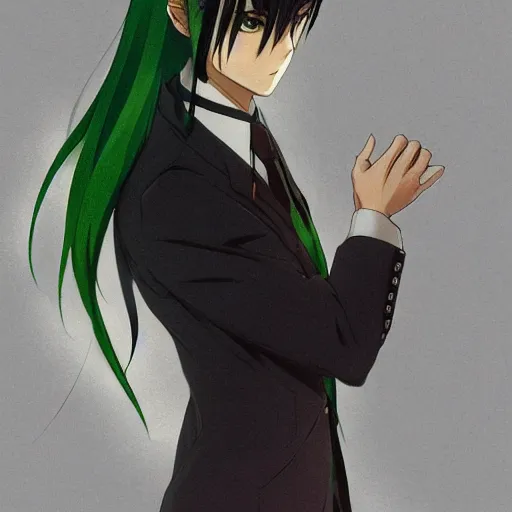 Image similar to full body portrait character concept art, anime key visual of decadent green long straight hair young anime male in black suit, green long straight hair and brown eyes, finely detailed perfect face studio lighting delicate features directed gaze, gapmoe kuudere grimdark, trending on pixiv fanbox, painted by greg rutkowski makoto shinkai takashi takeuchi studio ghibli