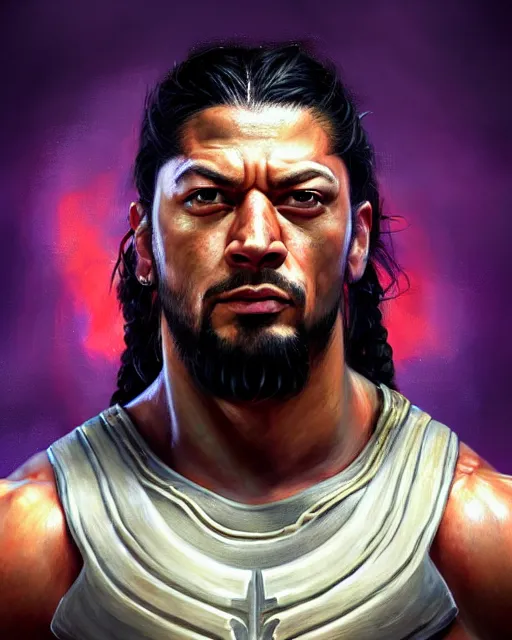 Prompt: face portrait of roman reigns as a muscular stephen curry, wearing a haori, by wlop and peter mohrbacher, dramatic action pose, extremely detailed shading, concept art, digital painting, trending on artstation, unreal engine 5, octane render, atmosphere, glow, cinematic lighting, full of color
