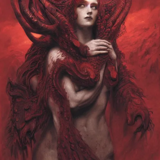 Image similar to a masterpiece! photographic portrait of a scarlet - colored beast with seven ( 7 ) heads and ten ( 1 0 ) horns by gustave dore and stephen hickman and allen williams, trending on artstation, cgsociety, 8 k hd, earthtone colors, a cloaked woman riding the back of the beast