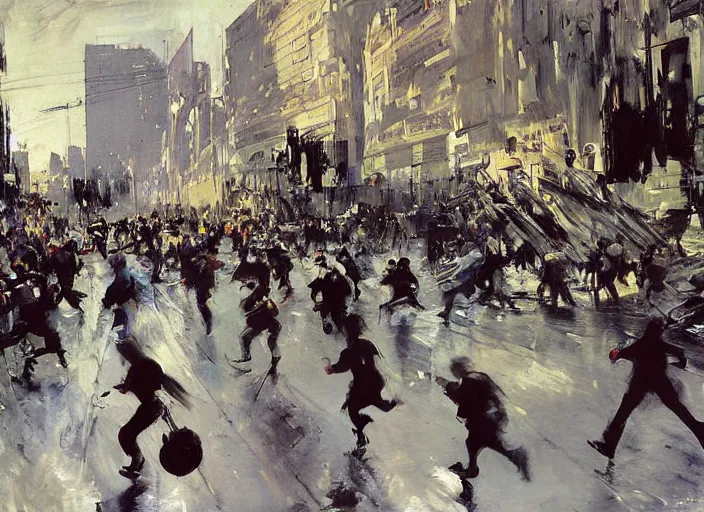 Image similar to people running at full speed protesting in dystopian santiago de chile by john berkey and manet