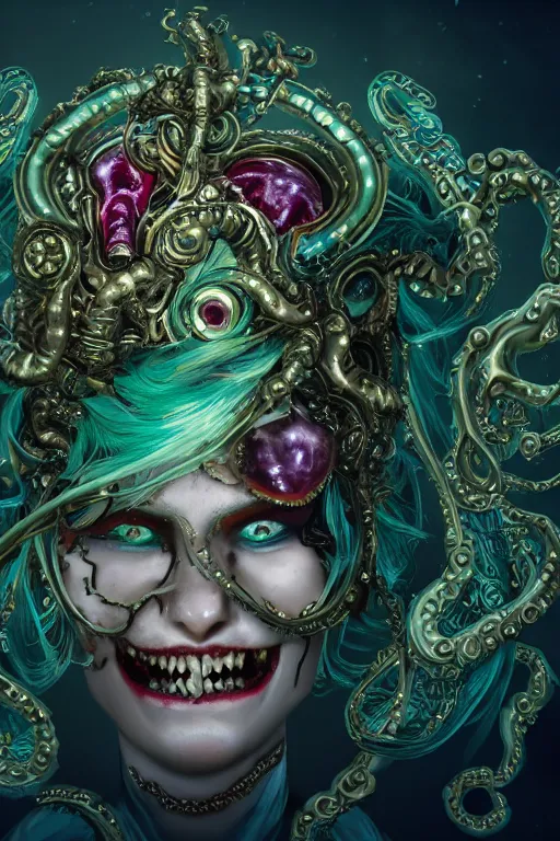 Image similar to rococo upper body portrait sigil with the intent of conquering the world lovecraftian undead zombie queen, green hair, bytian zi and wlop and alphonse mucha biomechanical illuminated text ornaments and gems hdr 8 k 3 d dslr hdr trending on artstation rendered with cryengine