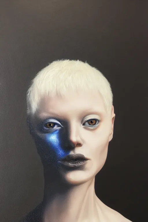 Prompt: hyperrealism oil painting, close - up portrait of albino medieval fashion model, black silk, steel gradient mixed with nebula sky, in style of baroque