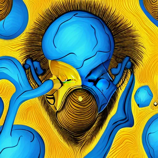 Image similar to human man that resembles a wasp morh in surreal sketch style, blue and yellow gradient, noise, ultrafine detail, hd 8k, logo illustration