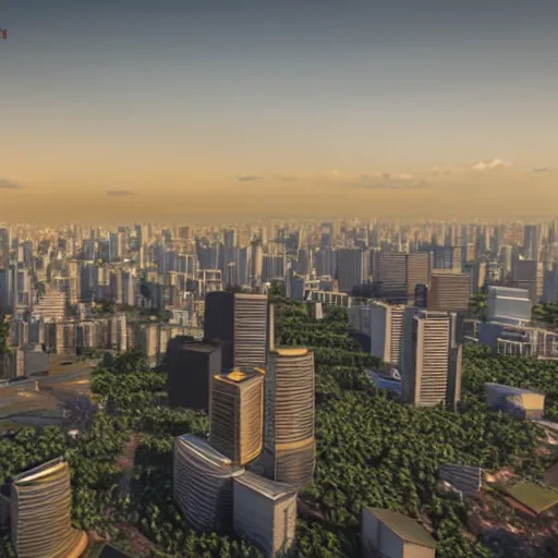 Image similar to 3 d rendering of the city of jakarta rendered with an unreal engine, the image is refined with uhd, yellowish light, and also its beauty is like the real world