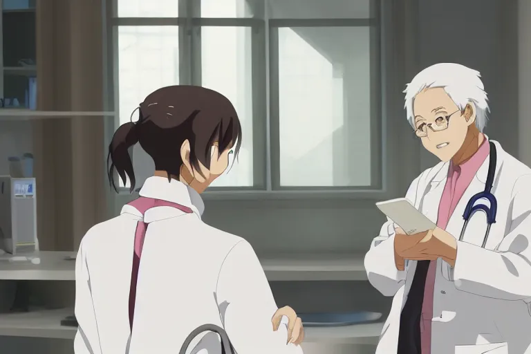 Image similar to a cute young female doctor wearing white coat are talking with an old surgeon in a hospital, slice of life anime, lighting, anime scenery by Makoto shinkai