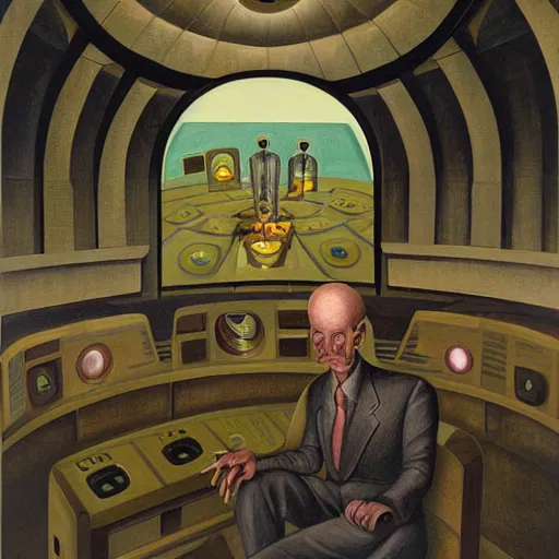 Prompt: portrait of an evil mastermind inside a dome - shaped control center, evil lair, pj crook, grant wood, oil on canvas