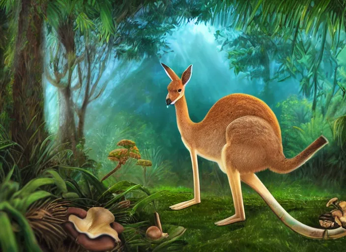 Prompt: a kangaroo sitting alone in an overgrown tropical forest, with mushrooms butterflies and sunrays, eating a cob of corn, artstation