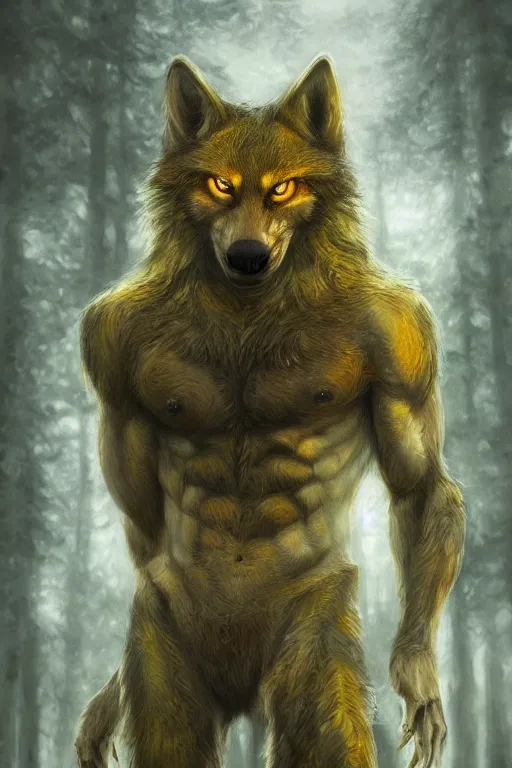 Image similar to ultra realist and ultra intricate detailed soft painting of a werewolf, from the waist up, symmetry features, yellow eyes, sensual gloomy style, volumetric clouds, foggy forest background, artstation, unreal render, depth of field