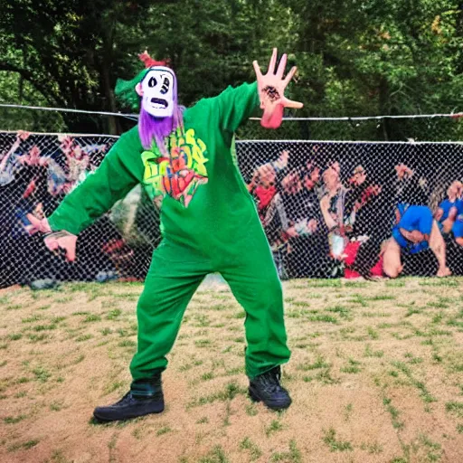 Prompt: juggalo Gumby backyard wrestling cult