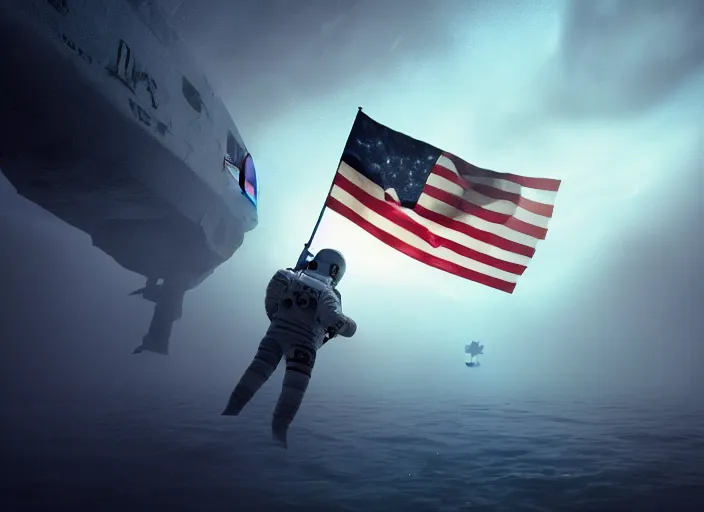 Image similar to astronaut holding a flag in an underwater desert. a submarine is visible in the distance. dark, concept art, cinematic, dramatic, atmospheric, 8 k, trending on artstation, blue, fish, low visibility, fog, ocean floor, christopher nolan, interstellar