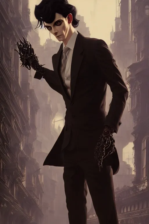 Prompt: ultra realistic, thin man in expensive modern business suit, black hair, brown eyes, occult jewelry, goth, fantasy, intricate details, eerie, highly detailed, octane render, 8 k, art by artgerm and alphonse mucha and greg rutkowski