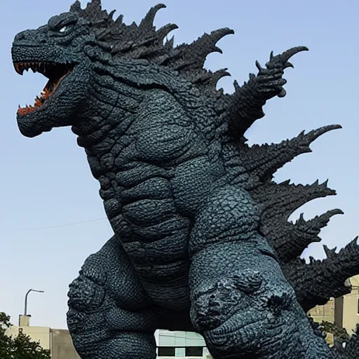 Image similar to high quality 3 d printed statue of godzilla stomping on cars