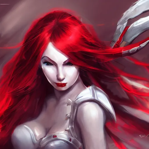 Prompt: a girl with red hair wearing red and white armor dress, white dress, arcane artwork, league of legends concept art, wallpaper