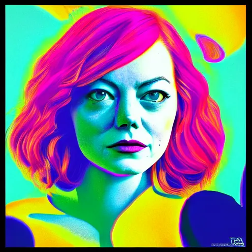 Prompt: surreal Emma Stone covered in chromatic distortions standing in mysterious place, beautiful, psychedelic, lsd, trending on artstation, artwork by Tran, Ross