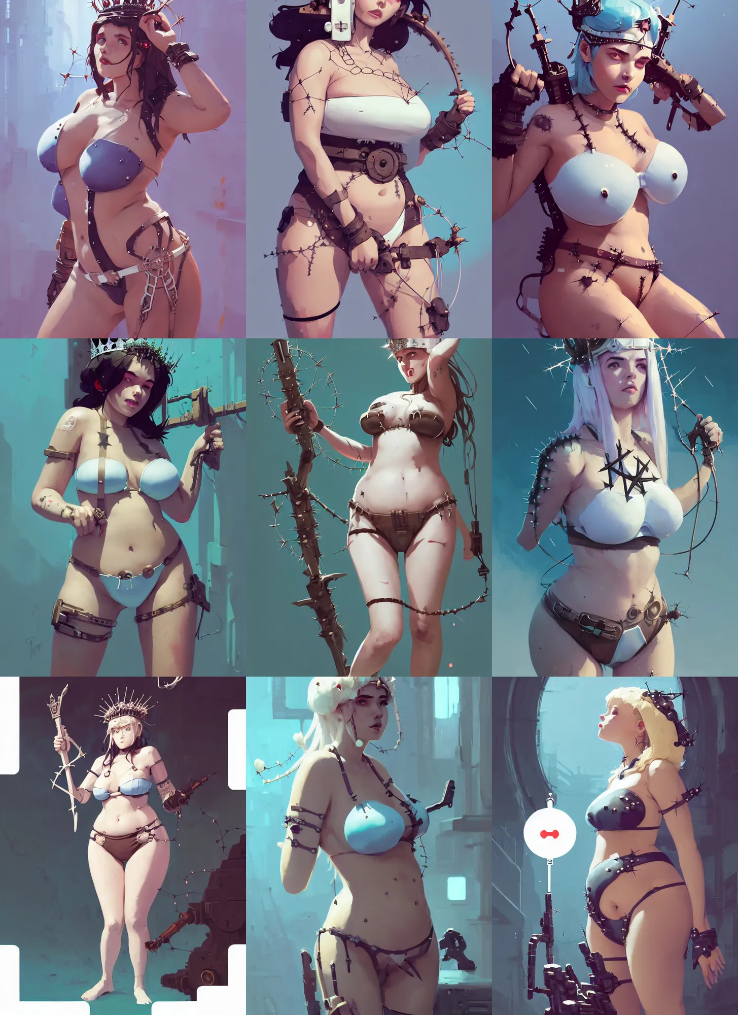 Prompt: portrait of cute curvy maiden girl with crown of thorns and white short hairs, dressed in belts bikini, warhammer, cyberpunk, by atey ghailan, by greg rutkowski, by greg tocchini, by james gilleard, by joe gb fenton, by kaethe butcher, dynamic lighting, gradient light blue, brown, blonde cream and white color in scheme, grunge aesthetic