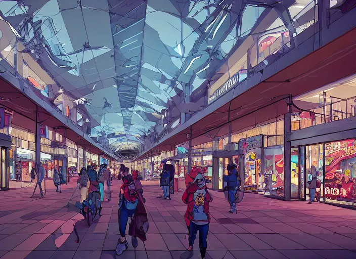 Prompt: large shopping mall center. sharp focus, cinematic pose, cinematic lighting, unreal engine render. art by josan gonzales and moebius and deathburger.