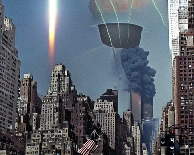 Prompt: [alien invasion] ufo footage spotted at new york city. there is explosions all over the city. 9/11 inspired. archangel invasion.