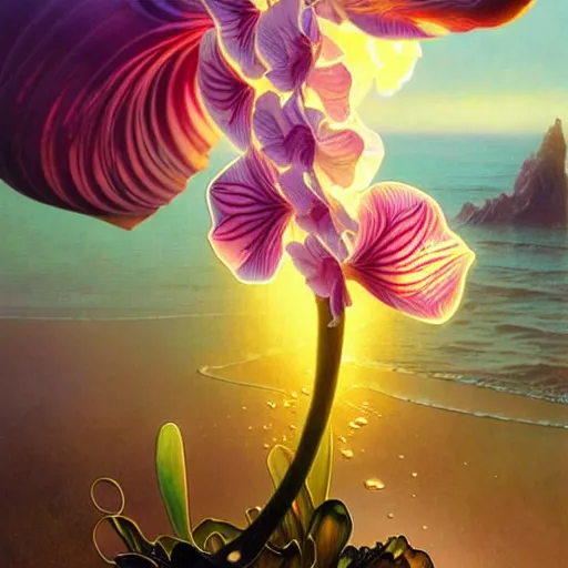 Prompt: detailed giant orchid flower surrounded by ocean wave, lsd water, lsd droplets, transparent dew, backlit, sunset, refracted lighting, art by collier, albert aublet, krenz cushart, artem demura, alphonse mucha