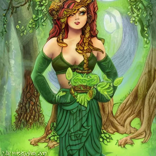 Prompt: a green genie ready to grant your wish deep in the forest, fantasy illustration