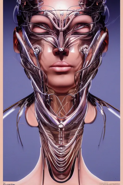 Prompt: organic cyborg head wrapped in silk by Hajime Sorayama and Jamie Coreth, trending on artstation, centered, symmetrical, electric hair, bilateral symmetry, 80s poster, polished, thick smoke, retro dark vintage sci-fi, 2D matte illustration