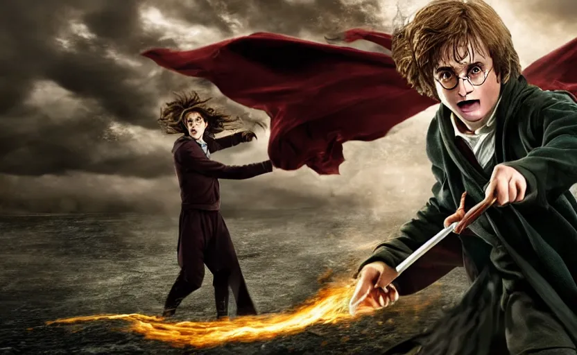 Image similar to magic battle between Harry Potter and Voldermort, spell, wind, stormy, cinematic