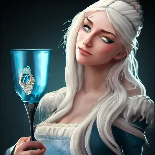 Prompt: a beautiful medieval barmaid with blue eyes and long white hair, trending on artstation, cinematic composition, detailed, hd, digital art, realistic