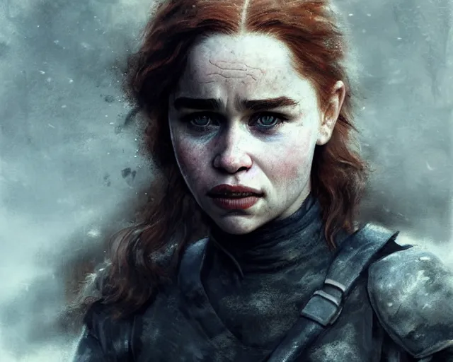 Prompt: 5 5 mm portrait photo of young redhead short hair emilia clarke with war face paint, dark atmosphere. art by greg rutkowski. highly detailed 8 k. intricate. lifelike. soft light. nikon d 8 5 0.