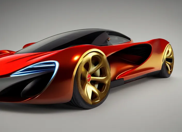 Image similar to photo of a Mclaren concept car with gold and red armor, photorealism, hd , 4k