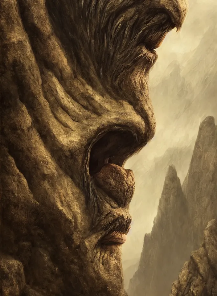 Image similar to a face portrait of a giant rock troll from skyrim, fantasy setting, stone face, dim colors, soft lighting, atmospheric, cinematic, moody, in the style of diego koi, gina heyer, luiz escanuela, art by alyssa monk, hyperrealism, rule of thirds, golden ratio, oil on canvas, 8 k