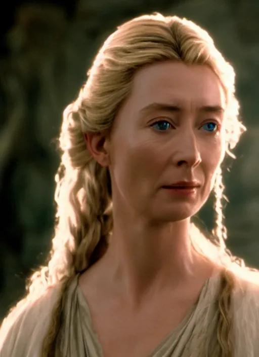 Image similar to film still of Emma Thompson as Galadriel in The Lord of the Rings, 4k