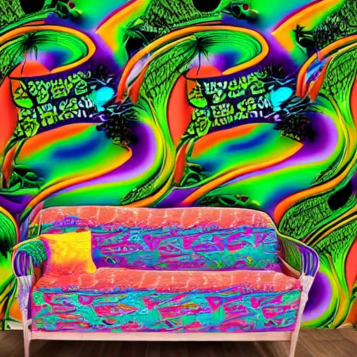 Prompt: psychedelic trippy couch in jungle, forest, out of moment, casual walk, montgomery field, music school, jazz enthusiasts