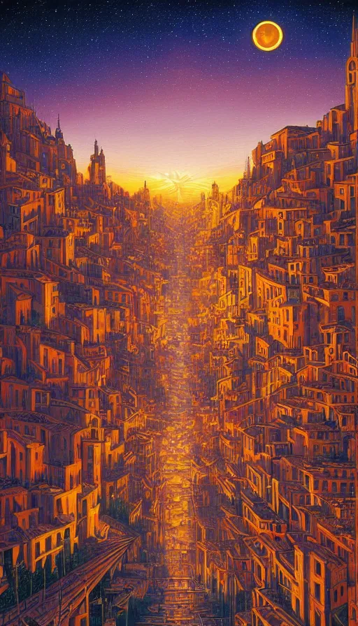 Image similar to The starlit city of wisdom and dreams at sunset, italian futurism, da vinci, Dan Mumford, Josan Gonzalez