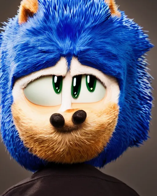 Prompt: A high-quality studio portrait of Sonic the Hedgehog as a middle-aged man with piercing eyes, bokeh, 90mm, f/1.4