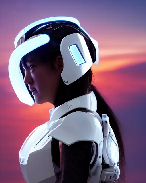 Image similar to centered medium shot fine studio photograph of a beautiful girl wearing only a mecha electronic Apache helmet with bright lights, ultra-realistic, white background, 8k HDR sunset lit, intricate