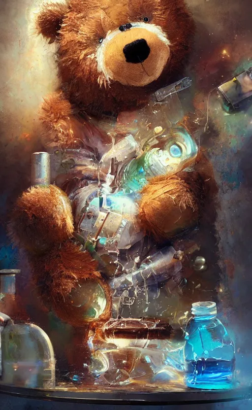 Image similar to a teddy bear mixing chemicals, mad scientist, oil painting, fantasy concept art, trending on art station, stunning visuals, creative, cinematic, ultra detailed