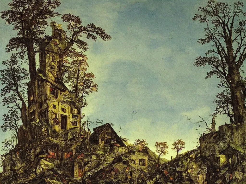Image similar to Derelict house at night in the forest, at the top of the mountain. A miracle in the sky. Painting by Albrecht Altdorfer