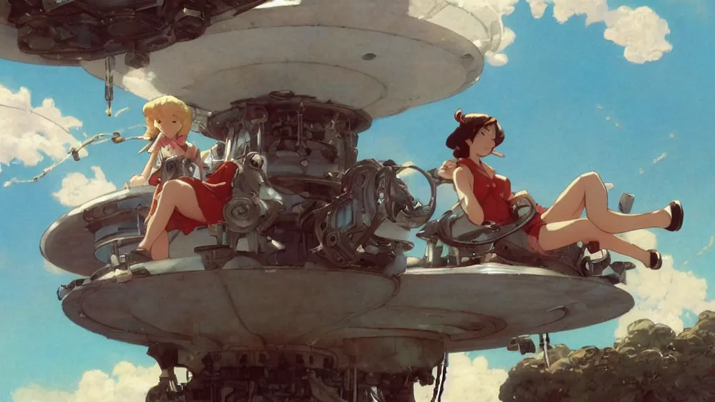 Prompt: a film still of a 1 9 5 0's mechanic anime girl sitting on top of flying ufo, finely detailed features, full body mid shot, perfect art,, trending on pixiv fanbox, painted by gaston bussiere, makoto shinkai, akihiko yoshida, gaston bussiere, craig mullins, studio ghibli