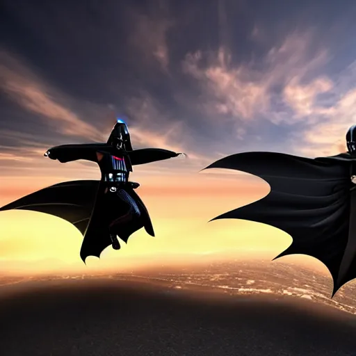 Prompt: A realistic photo with a mixture of Darth Vader and Batman, hyper-realistic, 8K HDR, sunset.