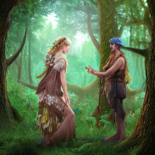 Prompt: a pretty mystical forest druid meeting a wanderer in her grove, highly detailed, photorealistic