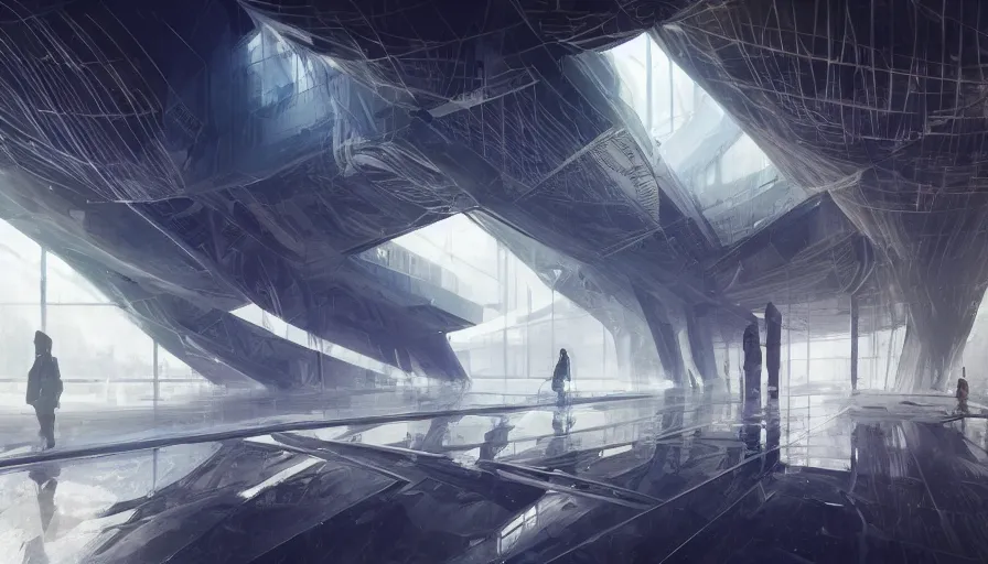 Image similar to futuristic megastructure interior, light, shadows, reflections, epic composition, intricate, elegant, volumetric lighting, digital painting, highly detailed, artstation, sharp focus, illustration, concept art, ruan jia, steve mccurry