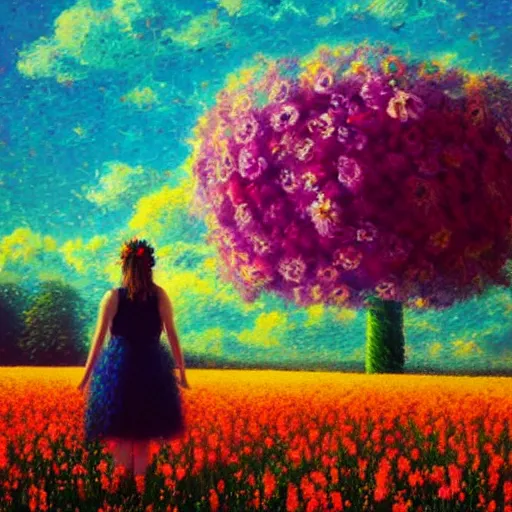 Image similar to large flower head, girl standing in a flower field, surreal photography, sunrise dramatic light, impressionist painting, colorful clouds, digital painting, pointillism, artstation, simon stalenhag