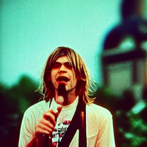 Prompt: “A colorful kodak film photo of Kurt Cobain roaring into microphone on a concert with Moscow kremlin in the background”