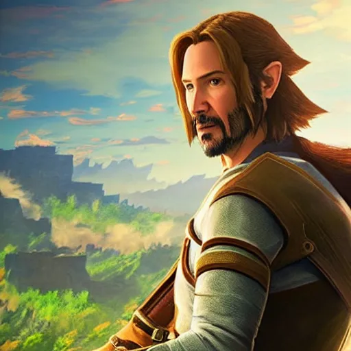 Image similar to Keanu Reeves as Link in The Legend of Zelda Breath of the Wild
