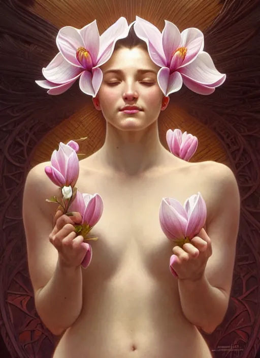 Image similar to perfectly detailed magnolia flowers!! blessed by nature with ever - increasing physical mental perfection, symmetrical! intricate, sensual features, highly detailed, biblical divine holy perfection!! digital painting, artstation, concept art, smooth, sharp focus, illustration, art by artgerm and greg rutkowski and alphonse mucha