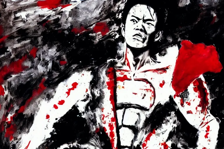 Image similar to movie still of akira ( 1 9 8 8 ) tetsuo in a white superhero suit and red cape, by ashley wood, 6 0's french movie poster, french impressionism, palette knife and wide brush strokes, black and white only