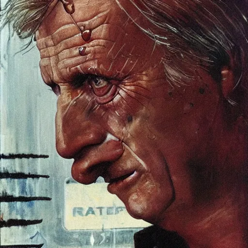 Prompt: rutger hauer as roy batty from blade runner 1982 tears in rain speech, painted by norman rockwell and tom lovell and frank schoonover