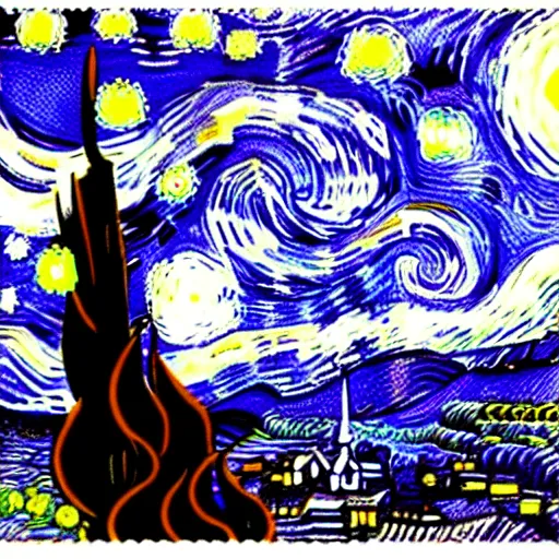 Prompt: Starry night in the style of edward gorey, masterpiece, high quality, digital art