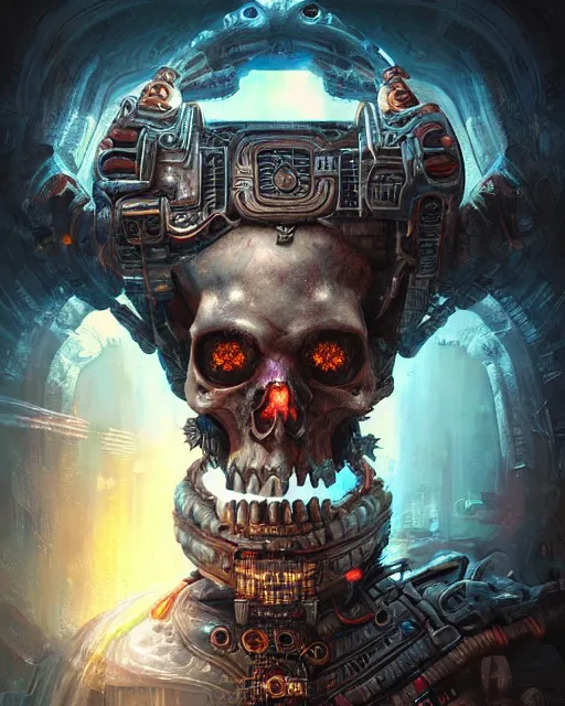 Prompt: digital painting of cyberpunk skull mayan god of death by filipe pagliuso and justin gerard symmetric fantasy highly detailed realistic intricate port