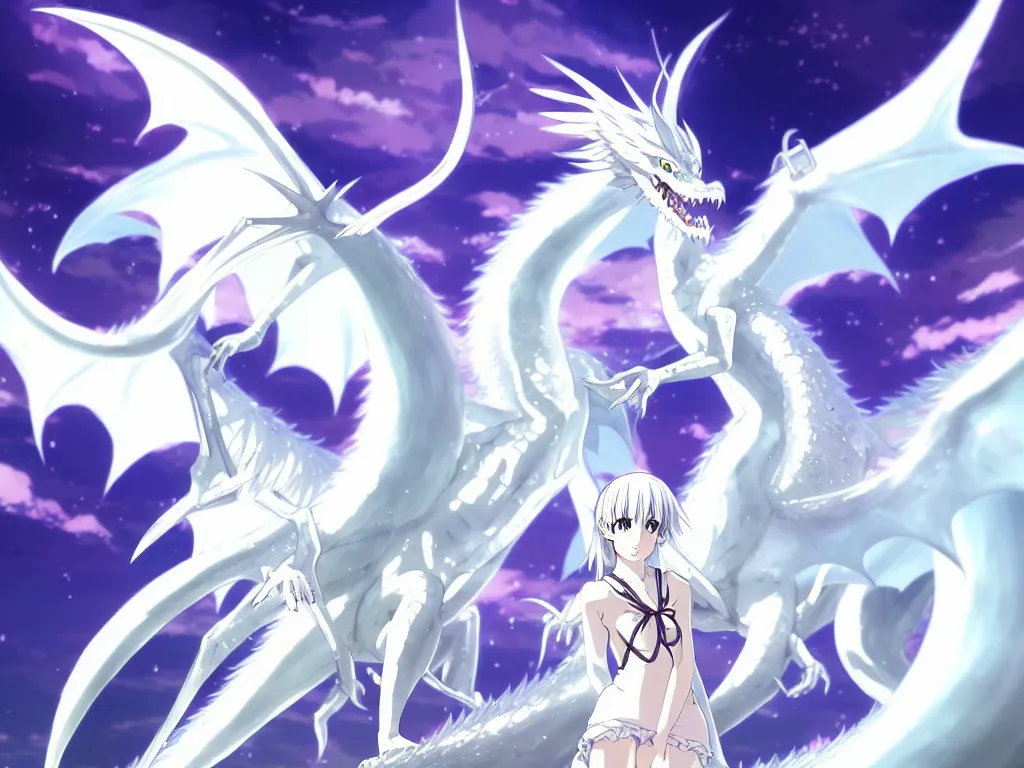 Image similar to anime art full body portrait character concept art, be surrounded by a huge silver white dragon center, in white clouds fairyland, anime key visual of white dragon and girl, finely detailed perfect face delicate, raphael lacoste, trending on pixiv fanbox, james jean, violet evergarden, studio ghibli, xision, extremely high quality artwork